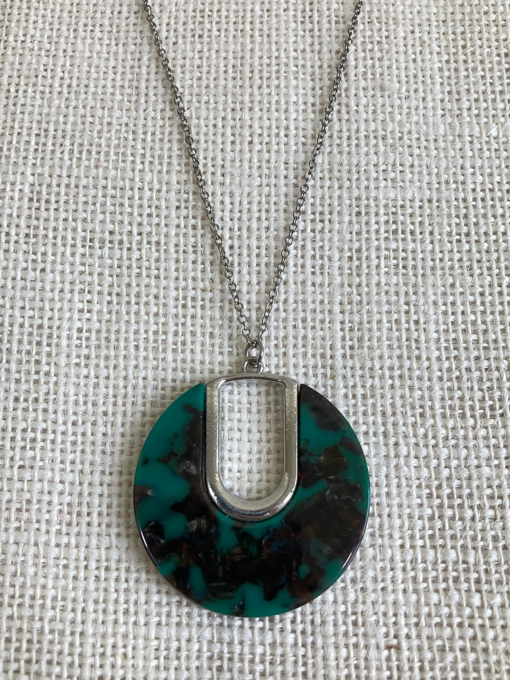 Teal Disc Pendant Necklace Silver Tone Long Necklace